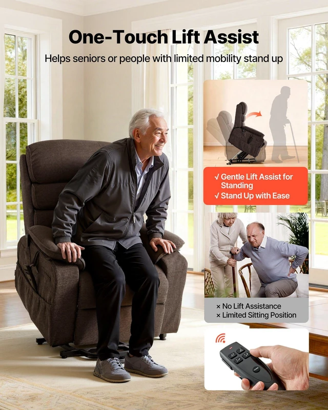 Alt view image 5 of 8 - VEVOR Power Lift Recliner Chair, Dual Motor Medium Lift Chair with Heat and Massage for Elderly, Position Adjustable, Remote Control, with Side Pockets, Chenille Fabric, Brown