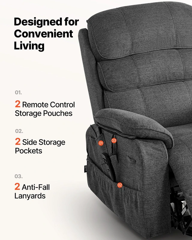 Alt view image 7 of 8 - VEVOR Power Lift Recliner Chair, Dual Motor Medium Lift Chair with Heat and Massage for Elderly, Position Adjustable, Remote Control, with Side Pockets, Chenille Fabric, Dark Gray