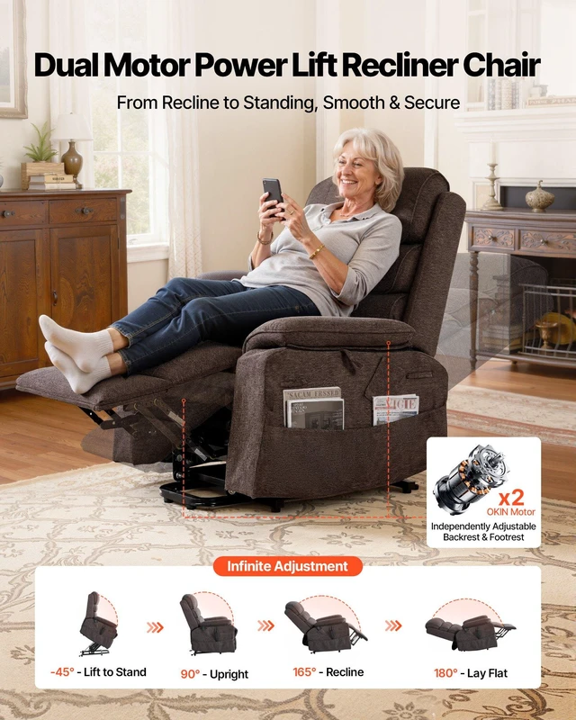 Alt view image 2 of 8 - VEVOR Power Lift Recliner Chair, Dual Motor Medium Lift Chair with Heat and Massage for Elderly, Position Adjustable, Remote Control, with Side Pockets, Chenille Fabric, Brown