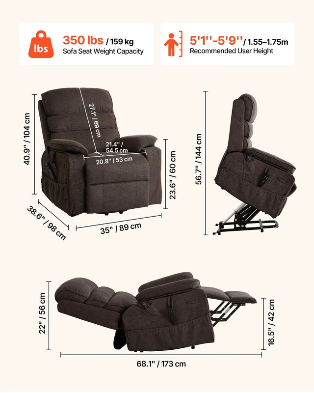 Alt view image 3 of 8 - VEVOR Power Lift Recliner Chair, Dual Motor Medium Lift Chair with Heat and Massage for Elderly, Position Adjustable, Remote Control, with Side Pockets, Chenille Fabric, Brown