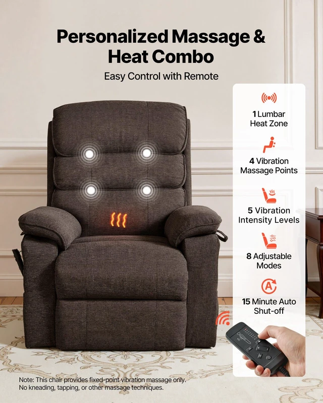 Alt view image 4 of 8 - VEVOR Power Lift Recliner Chair, Dual Motor Medium Lift Chair with Heat and Massage for Elderly, Position Adjustable, Remote Control, with Side Pockets, Chenille Fabric, Brown