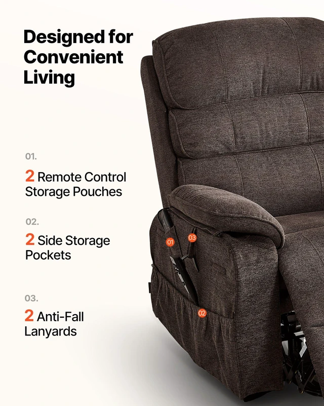Alt view image 7 of 8 - VEVOR Power Lift Recliner Chair, Dual Motor Medium Lift Chair with Heat and Massage for Elderly, Position Adjustable, Remote Control, with Side Pockets, Chenille Fabric, Brown
