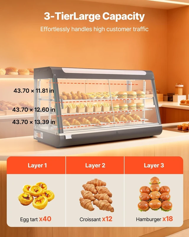 Alt view image 5 of 8 - VEVOR 3-Tier Commercial Food Warmer Display, 1600W Food Display Warmer with LED Light, Top Storage and Adjustable Shelves, 86~185 Steam Heating, 190Qt/180L for Hamburger, Pizza, Bread, Fried Chicken