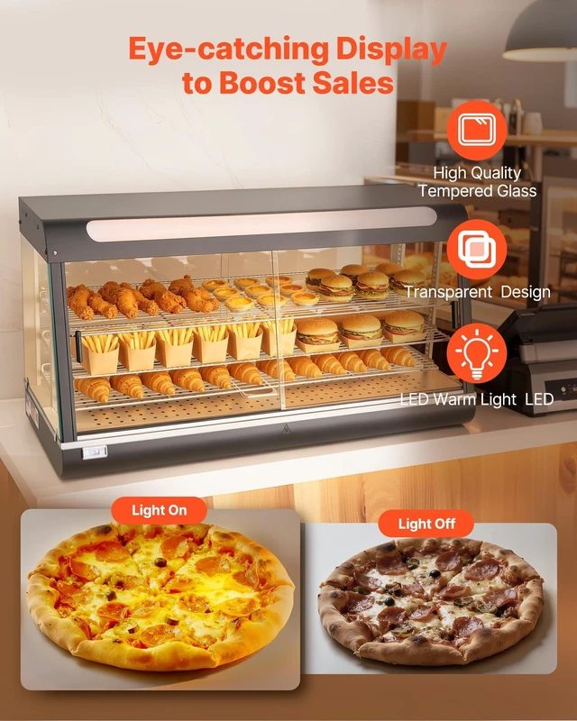 Alt view image 4 of 8 - VEVOR 3-Tier Commercial Food Warmer Display, 1600W Food Display Warmer with LED Light, Top Storage and Adjustable Shelves, 86~185 Steam Heating, 190Qt/180L for Hamburger, Pizza, Bread, Fried Chicken
