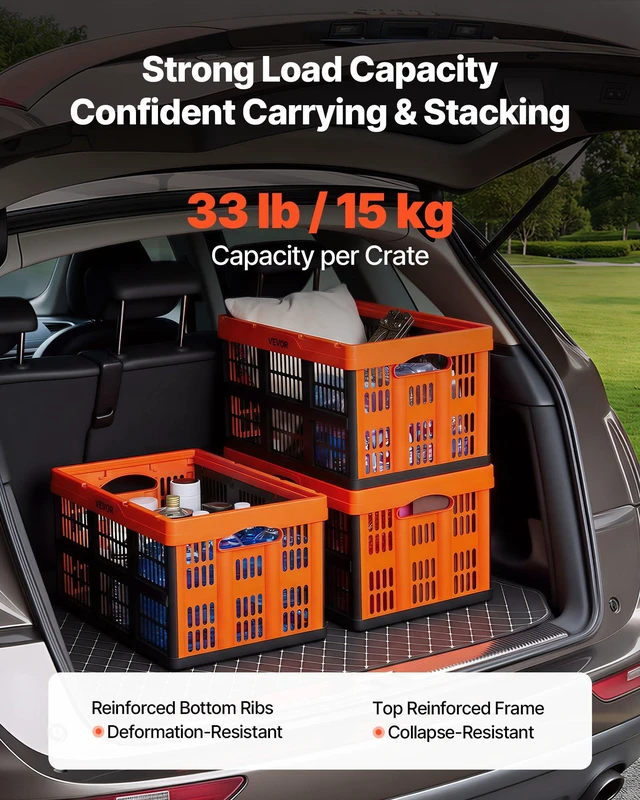 Alt view image 3 of 8 - VEVOR Plastic Collapsible Storage Bins, 45L 6 Packs, Stackable Folding Storage Crates with Handles, Holds 33 lbs Per Bin, Foldable Heavy Duty Containers, Space-Saving Baskets, for Home Organizing