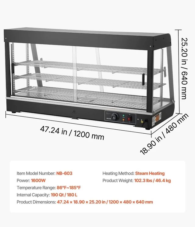 Alt view image 7 of 8 - VEVOR 3-Tier Commercial Food Warmer Display, 1600W Food Display Warmer with LED Light, Top Storage and Adjustable Shelves, 86~185 Steam Heating, 190Qt/180L for Hamburger, Pizza, Bread, Fried Chicken