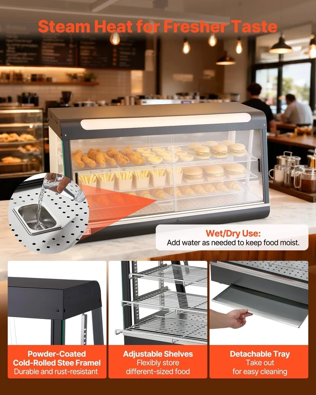 Alt view image 6 of 8 - VEVOR 3-Tier Commercial Food Warmer Display, 1600W Food Display Warmer with LED Light, Top Storage and Adjustable Shelves, 86~185 Steam Heating, 190Qt/180L for Hamburger, Pizza, Bread, Fried Chicken