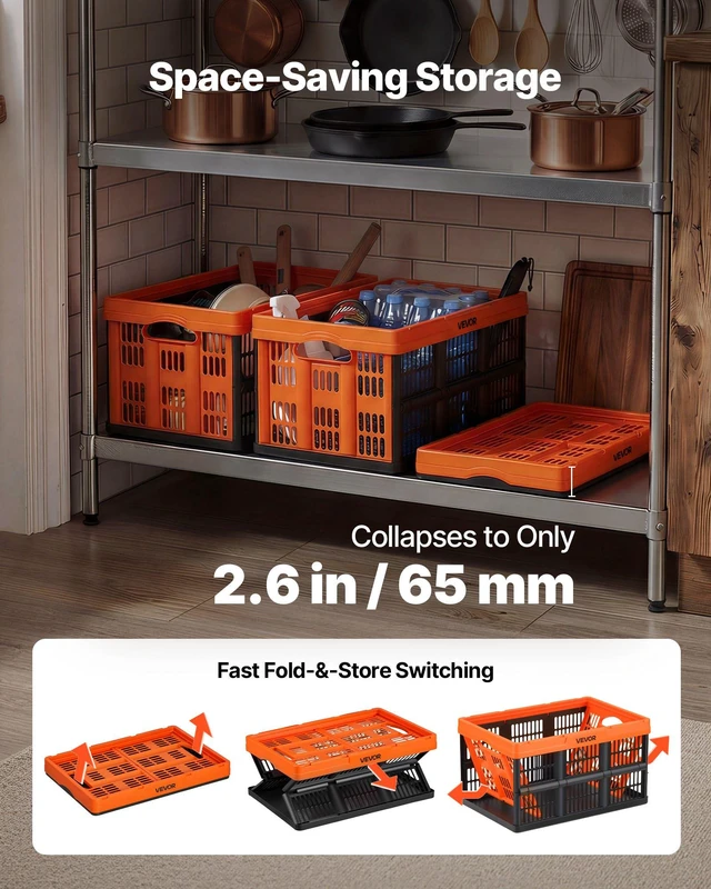 Alt view image 4 of 8 - VEVOR Plastic Collapsible Storage Bins, 45L 6 Packs, Stackable Folding Storage Crates with Handles, Holds 33 lbs Per Bin, Foldable Heavy Duty Containers, Space-Saving Baskets, for Home Organizing