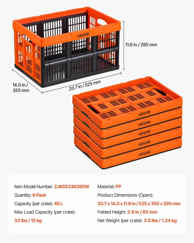 Alt view image 7 of 8 - VEVOR Plastic Collapsible Storage Bins, 45L 6 Packs, Stackable Folding Storage Crates with Handles, Holds 33 lbs Per Bin, Foldable Heavy Duty Containers, Space-Saving Baskets, for Home Organizing
