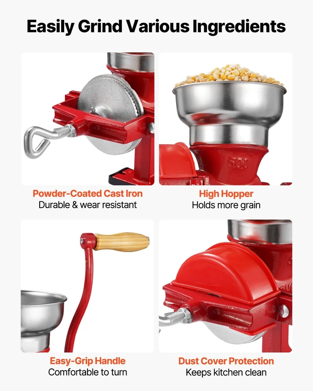 Alt view image 6 of 8 - VEVOR Manual Grain Mill with Low Hopper, Hand-Crank Corn Grinder, Heavy Duty Cast Iron Wheat Grinding Mill with Stable Table Clamp & Dust Cover for Grains Spices Coffee Beans Nuts