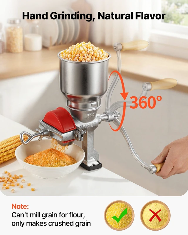 Alt view image 2 of 8 - VEVOR Manual Grain Mill with High Hopper, Hand-Crank Corn Grinder, Heavy Duty Cast Iron Wheat Grinding Mill with Stable Table Clamp & Dust Cover for Grains Spices Coffee Beans Nuts