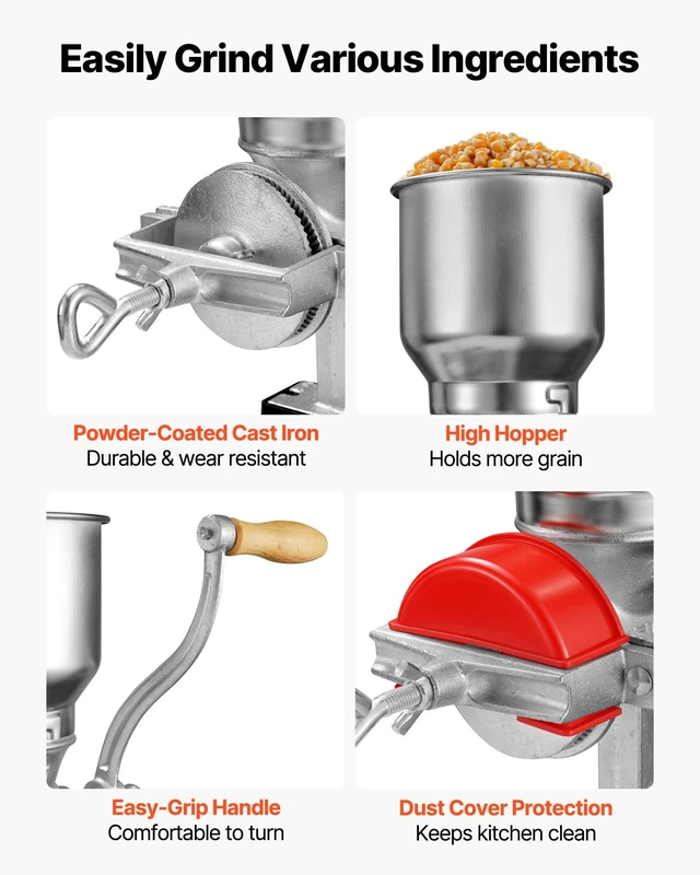 Alt view image 6 of 8 - VEVOR Manual Grain Mill with High Hopper, Hand-Crank Corn Grinder, Heavy Duty Cast Iron Wheat Grinding Mill with Stable Table Clamp & Dust Cover for Grains Spices Coffee Beans Nuts