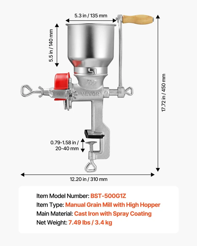 Alt view image 7 of 8 - VEVOR Manual Grain Mill with High Hopper, Hand-Crank Corn Grinder, Heavy Duty Cast Iron Wheat Grinding Mill with Stable Table Clamp & Dust Cover for Grains Spices Coffee Beans Nuts
