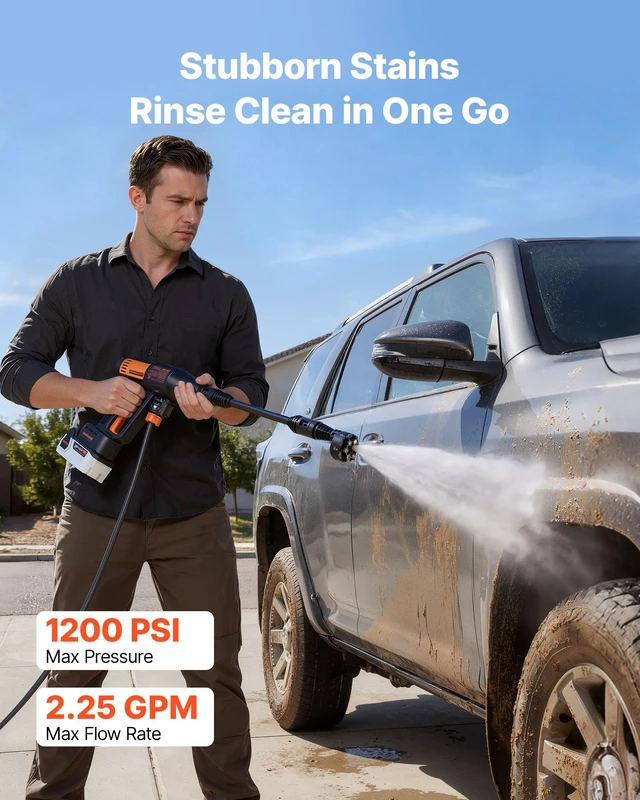 Alt view image 2 of 8 - VEVOR Cordless Pressure Washer, 1200PSI MAX Portable Pressure Washer with Brushless Motor, 6-in-1 Nozzle & Water Hose, 4 Speed Adjustable, Battery Powered Handheld Power Cleaner for Home Garden Patio