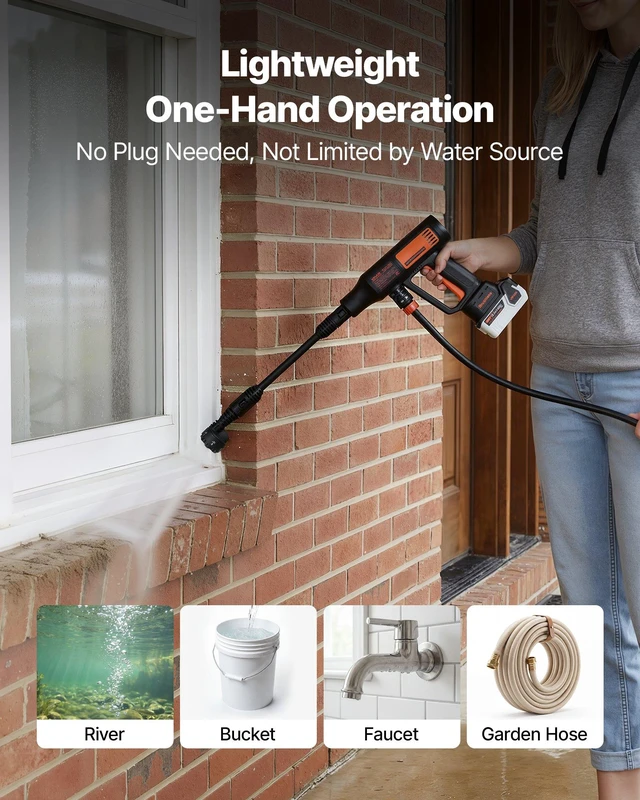 Alt view image 4 of 8 - VEVOR Cordless Pressure Washer, 1200PSI MAX Portable Pressure Washer with Brushless Motor, 6-in-1 Nozzle & Water Hose, 4 Speed Adjustable, Battery Powered Handheld Power Cleaner for Home Garden Patio