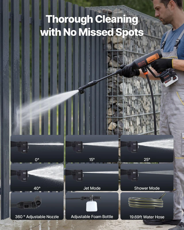 Alt view image 5 of 8 - VEVOR Cordless Pressure Washer, 1200PSI MAX Portable Pressure Washer with Brushless Motor, 6-in-1 Nozzle & Water Hose, 4 Speed Adjustable, Battery Powered Handheld Power Cleaner for Home Garden Patio