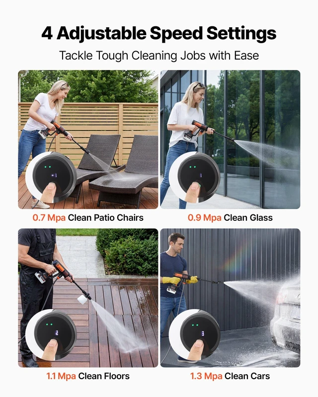 Alt view image 6 of 8 - VEVOR Cordless Pressure Washer, 1200PSI MAX Portable Pressure Washer with Brushless Motor, 6-in-1 Nozzle & Water Hose, 4 Speed Adjustable, Battery Powered Handheld Power Cleaner for Home Garden Patio