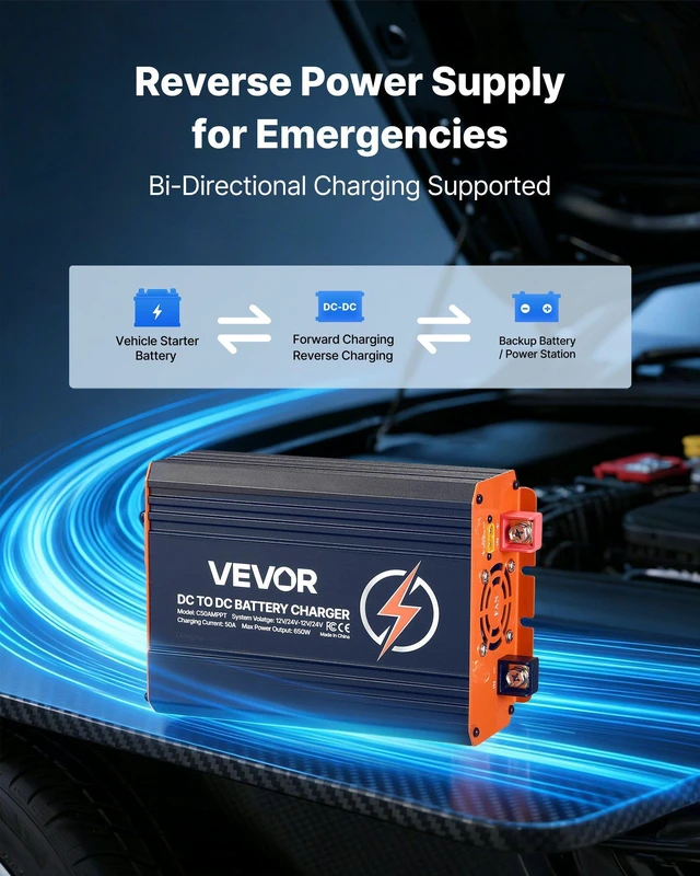 Alt view image 4 of 8 - VEVOR DC to DC Charger with MPPT, 650W, 50A On-Board Battery Charger, Solar Panel/Alternator Dual Input, Smart Multi-Stage Charging for LiFePO4 Lead-Acid Batteries, 12V/24V-12V/24V, for RV Home Backup
