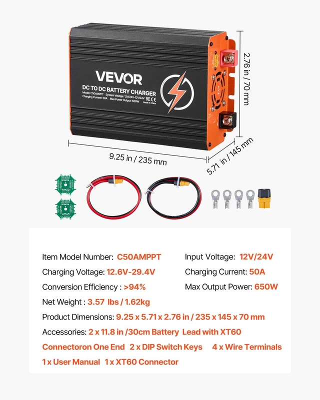 Alt view image 7 of 8 - VEVOR DC to DC Charger with MPPT, 650W, 50A On-Board Battery Charger, Solar Panel/Alternator Dual Input, Smart Multi-Stage Charging for LiFePO4 Lead-Acid Batteries, 12V/24V-12V/24V, for RV Home Backup