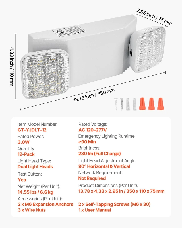 Alt view image 7 of 8 - VEVOR 12 Pack Emergency Lights for Business, with Battery Backup, Commercial LED Emergency Exit Lighting Fixtures, AC 120/277V, with Two Square Head Adjustable, 90-Minute Backup, for Business, White