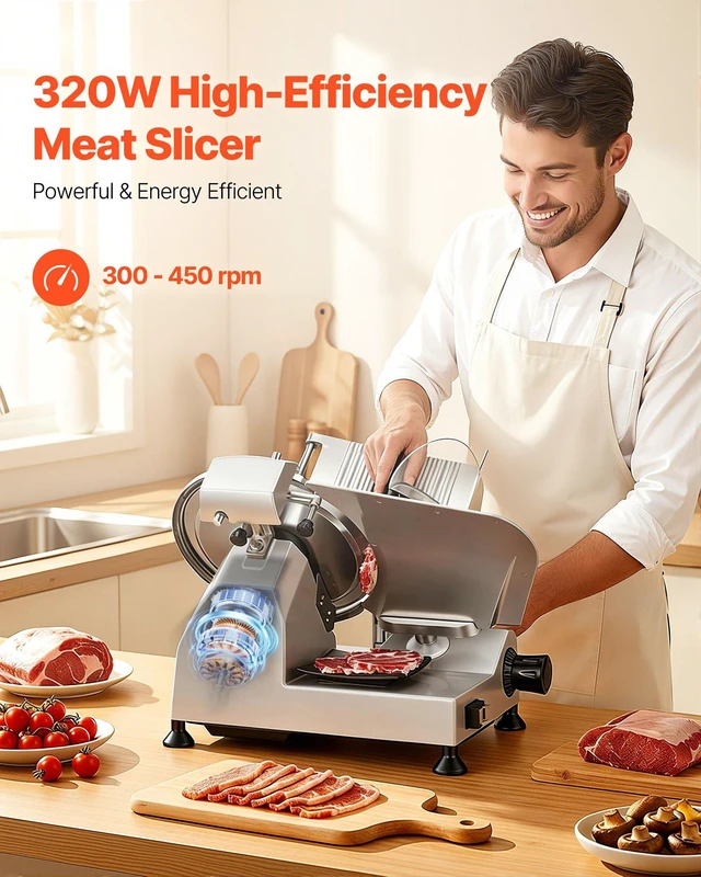 Alt view image 2 of 8 - VEVOR Commercial Meat Slicer, 320W Electric Deli Food Slicer with 12" Carbon Steel Blade, Built-In Sharpener & 0-0.6" Adjustable Thickness for Frozen Meat, Ham, Baguett, Steak, UL Approved