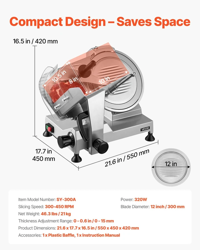 Alt view image 7 of 8 - VEVOR Commercial Meat Slicer, 320W Electric Deli Food Slicer with 12" Carbon Steel Blade, Built-In Sharpener & 0-0.6" Adjustable Thickness for Frozen Meat, Ham, Baguett, Steak, UL Approved