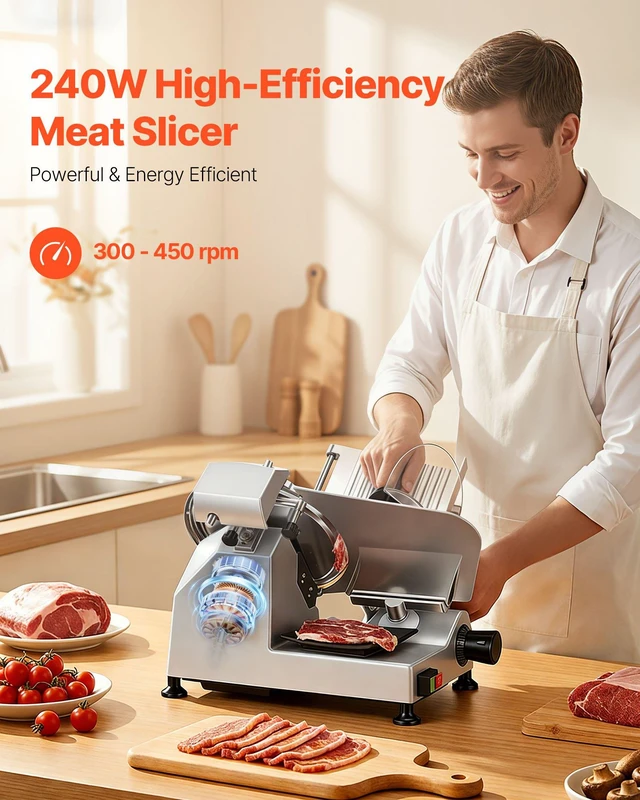 Alt view image 2 of 7 - VEVOR 10" Commercial Meat Slicer, 240W Electric Deli Food Slicer with Carbon Steel Blade, Built-In Sharpener & 0-0.47" Adjustable Thickness for Frozen Meat, Ham, Baguett, Steak, UL Approved
