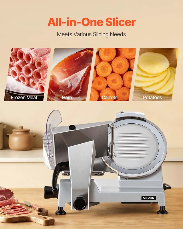 Alt view image 5 of 7 - VEVOR 10" Commercial Meat Slicer, 240W Electric Deli Food Slicer with Carbon Steel Blade, Built-In Sharpener & 0-0.47" Adjustable Thickness for Frozen Meat, Ham, Baguett, Steak, UL Approved