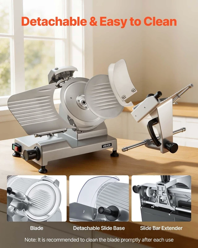 Alt view image 6 of 7 - VEVOR 10" Commercial Meat Slicer, 240W Electric Deli Food Slicer with Carbon Steel Blade, Built-In Sharpener & 0-0.47" Adjustable Thickness for Frozen Meat, Ham, Baguett, Steak, UL Approved