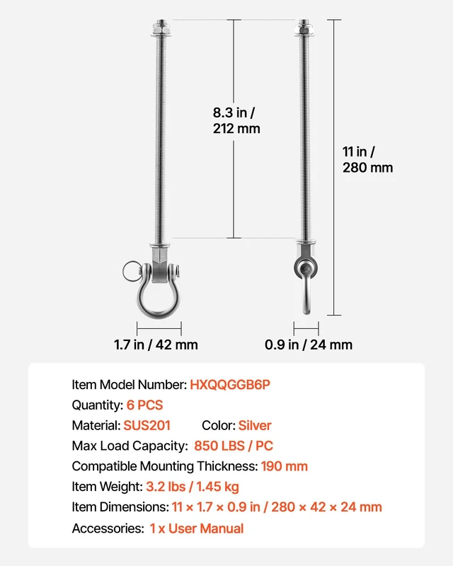 Alt view image 6 of 8 - VEVOR Swing Hangers, 6 Pack Heavy Duty Swing Brackets, 850 lbs Each Load Capacity, Smooth Bearing, Stainless Steel Hangers, Ideal for Hammocks Playground Porch Yoga Boxing Bag Indoor Outdoor, Silver