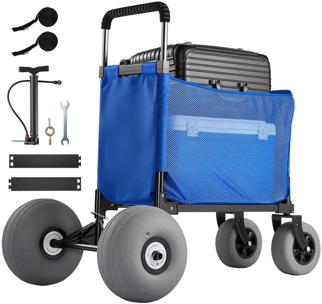Main image of VEVOR Beach Cart with Large Wheels for Sand, 165 lbs Load Capacity, Heavy Duty Folding Beach Wagon with 12" Balloon Wheels, Storage Bag, 33" to 45" Adjustable Height, Dolly for Camping Fishing Garden