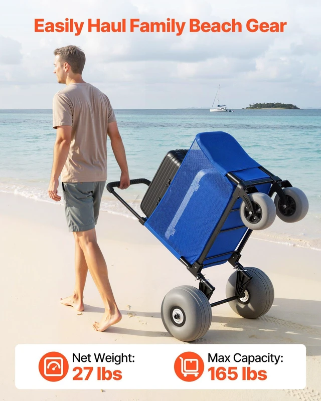 Alt view image 2 of 8 - VEVOR Beach Cart with Large Wheels for Sand, 165 lbs Load Capacity, Heavy Duty Folding Beach Wagon with 12" Balloon Wheels, Storage Bag, 33" to 45" Adjustable Height, Dolly for Camping Fishing Garden
