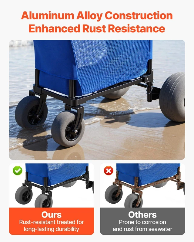 Alt view image 4 of 8 - VEVOR Beach Cart with Large Wheels for Sand, 165 lbs Load Capacity, Heavy Duty Folding Beach Wagon with 12" Balloon Wheels, Storage Bag, 33" to 45" Adjustable Height, Dolly for Camping Fishing Garden