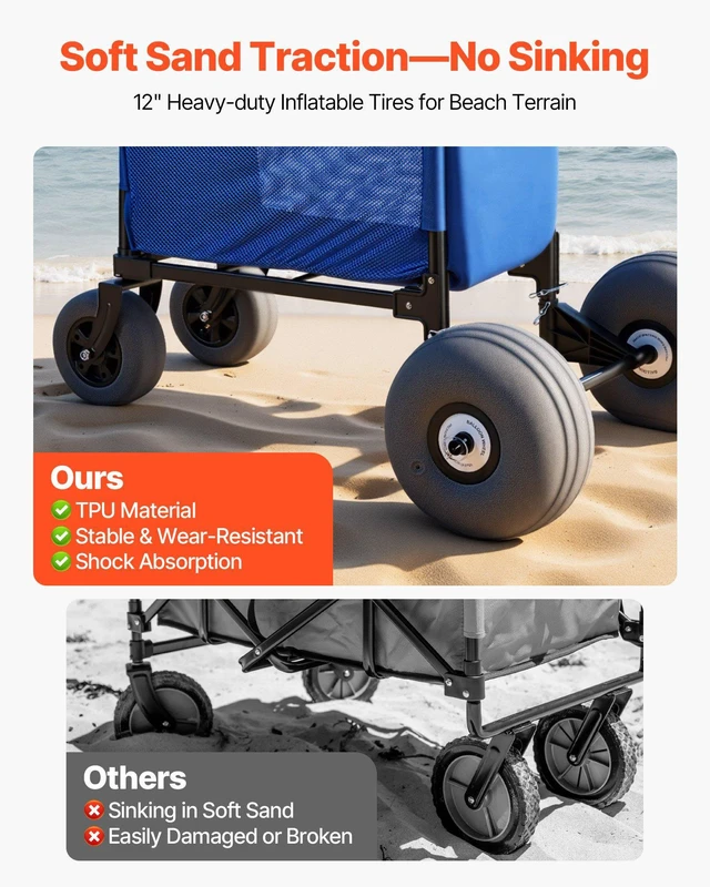 Alt view image 3 of 8 - VEVOR Beach Cart with Large Wheels for Sand, 165 lbs Load Capacity, Heavy Duty Folding Beach Wagon with 12" Balloon Wheels, Storage Bag, 33" to 45" Adjustable Height, Dolly for Camping Fishing Garden