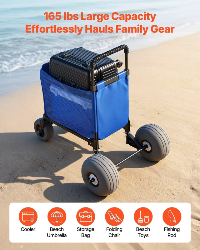 Alt view image 5 of 8 - VEVOR Beach Cart with Large Wheels for Sand, 165 lbs Load Capacity, Heavy Duty Folding Beach Wagon with 12" Balloon Wheels, Storage Bag, 33" to 45" Adjustable Height, Dolly for Camping Fishing Garden