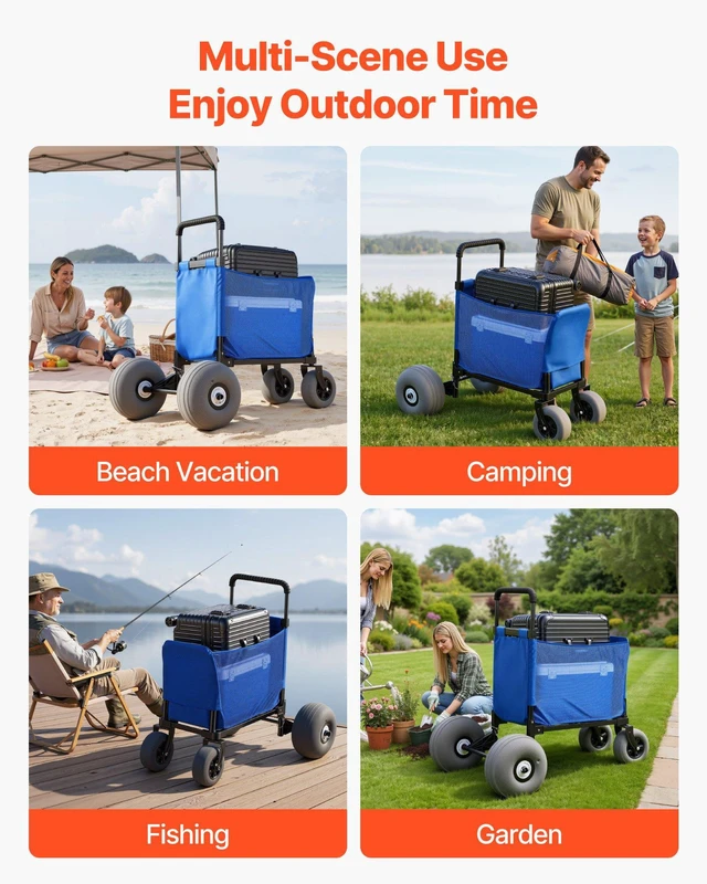 Alt view image 7 of 8 - VEVOR Beach Cart with Large Wheels for Sand, 165 lbs Load Capacity, Heavy Duty Folding Beach Wagon with 12" Balloon Wheels, Storage Bag, 33" to 45" Adjustable Height, Dolly for Camping Fishing Garden
