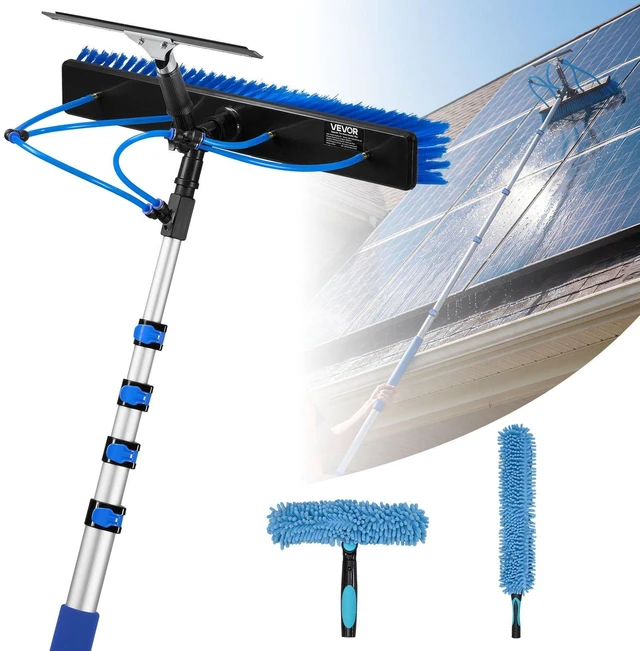 Main image of VEVOR Solar Panel Cleaning Kit, 15 ft, Water Fed Pole Kit with Cleaning Brush, Squeegee, Soap Dispenser, Extendable Aluminum Telescopic Pole, 180° Rotatable Brush Head, for Roof Mounted Solar Panels