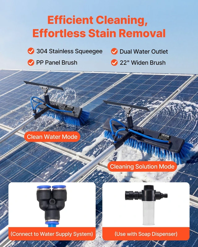 Alt view image 2 of 8 - VEVOR Solar Panel Cleaning Kit, 15 ft, Water Fed Pole Kit with Cleaning Brush, Squeegee, Soap Dispenser, Extendable Aluminum Telescopic Pole, 180° Rotatable Brush Head, for Roof Mounted Solar Panels