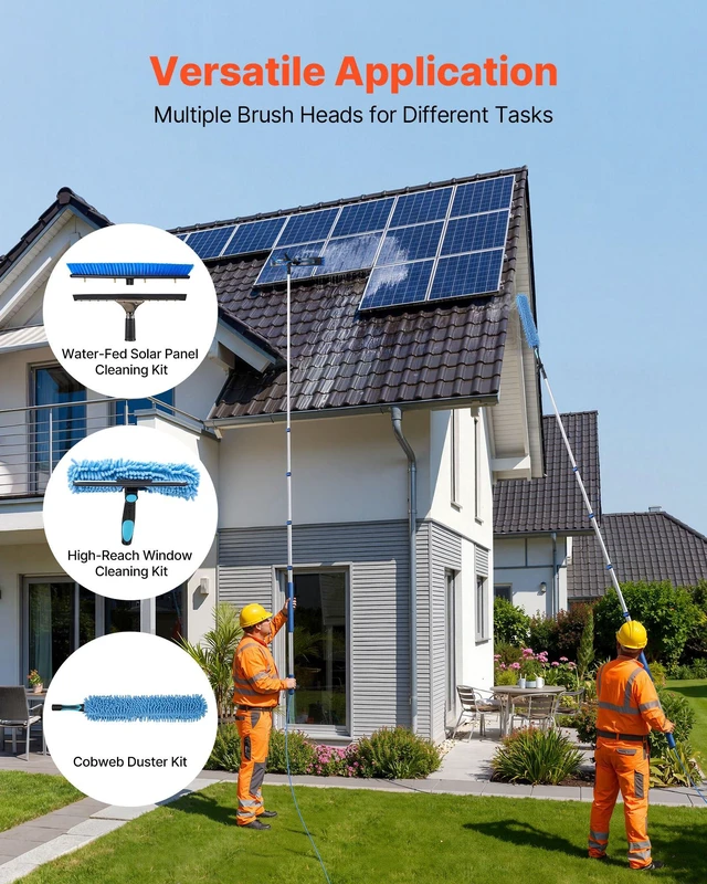 Alt view image 3 of 8 - VEVOR Solar Panel Cleaning Kit, 15 ft, Water Fed Pole Kit with Cleaning Brush, Squeegee, Soap Dispenser, Extendable Aluminum Telescopic Pole, 180° Rotatable Brush Head, for Roof Mounted Solar Panels