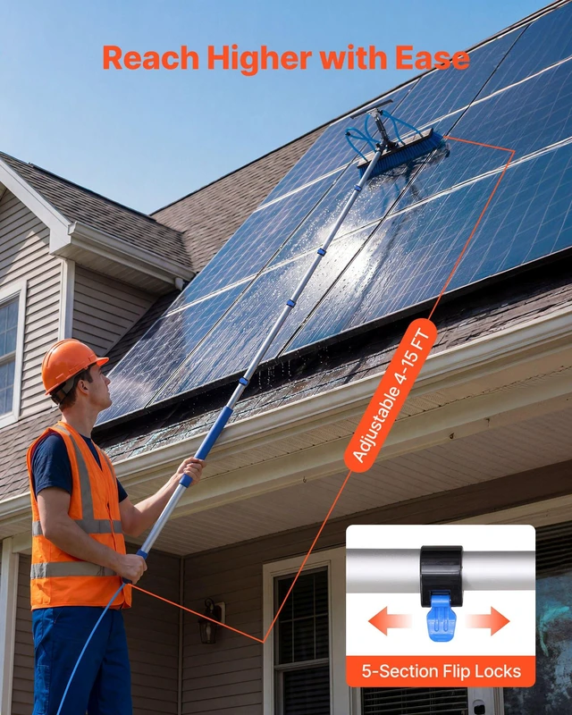 Alt view image 4 of 8 - VEVOR Solar Panel Cleaning Kit, 15 ft, Water Fed Pole Kit with Cleaning Brush, Squeegee, Soap Dispenser, Extendable Aluminum Telescopic Pole, 180° Rotatable Brush Head, for Roof Mounted Solar Panels