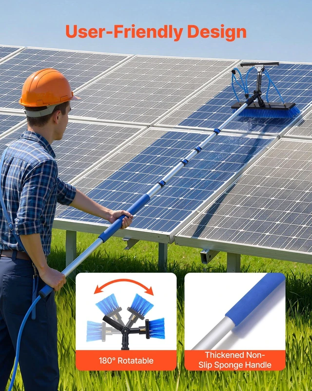 Alt view image 6 of 8 - VEVOR Solar Panel Cleaning Kit, 15 ft, Water Fed Pole Kit with Cleaning Brush, Squeegee, Soap Dispenser, Extendable Aluminum Telescopic Pole, 180° Rotatable Brush Head, for Roof Mounted Solar Panels