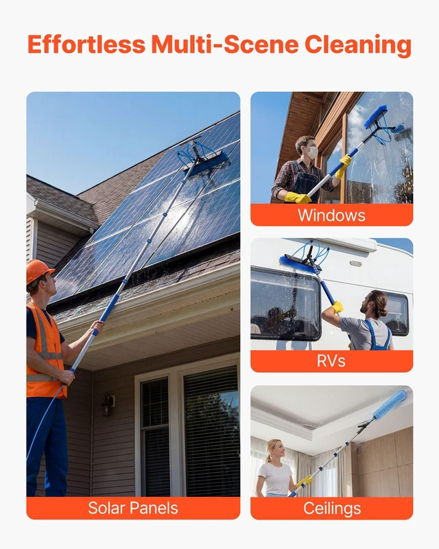 Alt view image 7 of 8 - VEVOR Solar Panel Cleaning Kit, 15 ft, Water Fed Pole Kit with Cleaning Brush, Squeegee, Soap Dispenser, Extendable Aluminum Telescopic Pole, 180° Rotatable Brush Head, for Roof Mounted Solar Panels