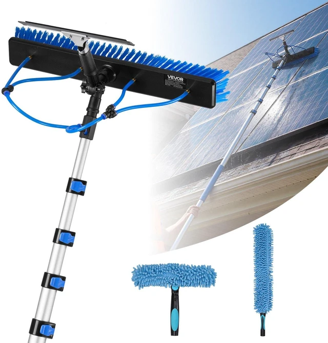 Main image of VEVOR Solar Panel Cleaning Kit, 33 ft, Water Fed Pole Kit with Cleaning Brush, Squeegee, Soap Dispenser, Extendable Aluminum Telescopic Pole, 180° Rotatable Brush Head, for Roof Mounted Solar Panels