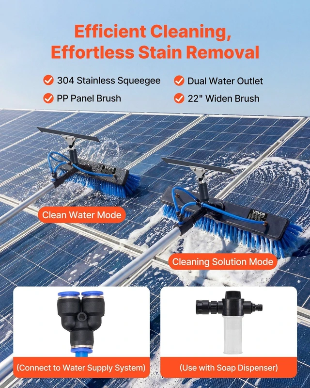 Alt view image 2 of 8 - VEVOR Solar Panel Cleaning Kit, 33 ft, Water Fed Pole Kit with Cleaning Brush, Squeegee, Soap Dispenser, Extendable Aluminum Telescopic Pole, 180° Rotatable Brush Head, for Roof Mounted Solar Panels