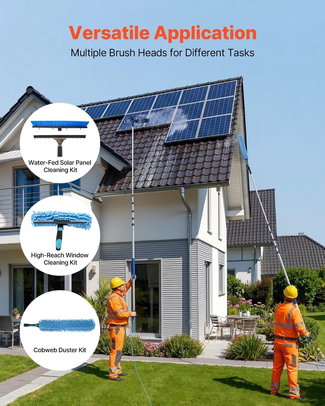 Alt view image 3 of 8 - VEVOR Solar Panel Cleaning Kit, 33 ft, Water Fed Pole Kit with Cleaning Brush, Squeegee, Soap Dispenser, Extendable Aluminum Telescopic Pole, 180° Rotatable Brush Head, for Roof Mounted Solar Panels