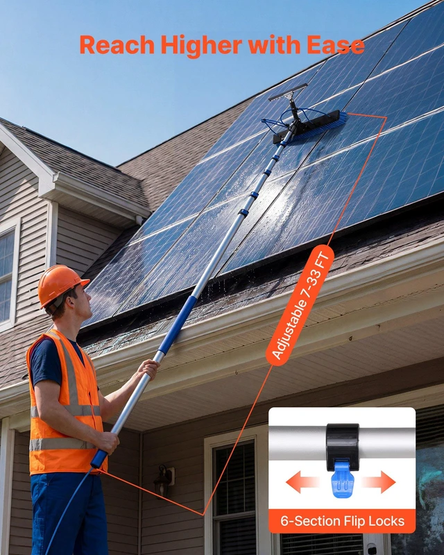 Alt view image 4 of 8 - VEVOR Solar Panel Cleaning Kit, 33 ft, Water Fed Pole Kit with Cleaning Brush, Squeegee, Soap Dispenser, Extendable Aluminum Telescopic Pole, 180° Rotatable Brush Head, for Roof Mounted Solar Panels