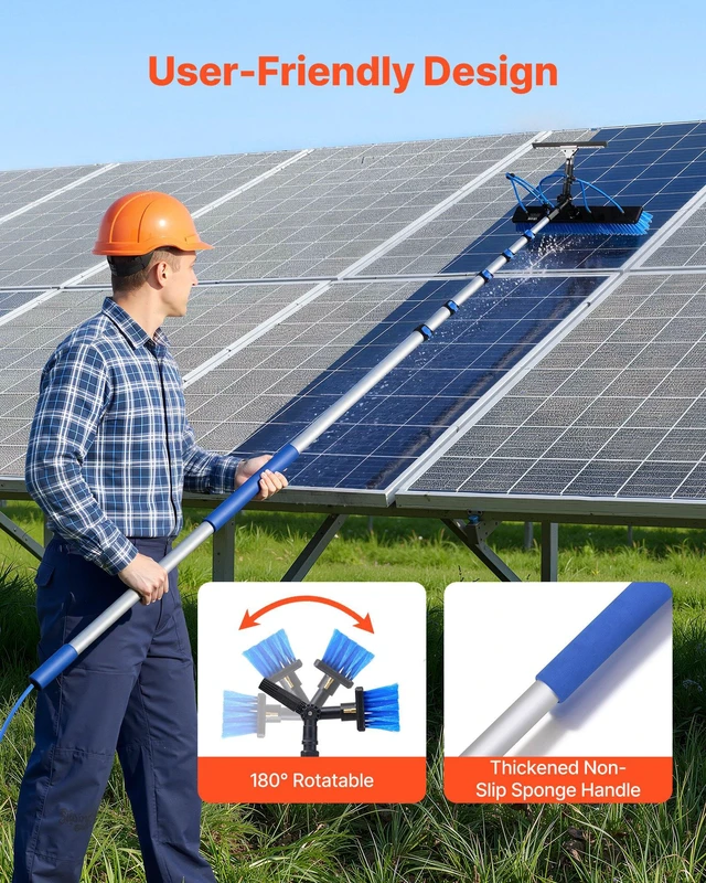 Alt view image 6 of 8 - VEVOR Solar Panel Cleaning Kit, 33 ft, Water Fed Pole Kit with Cleaning Brush, Squeegee, Soap Dispenser, Extendable Aluminum Telescopic Pole, 180° Rotatable Brush Head, for Roof Mounted Solar Panels