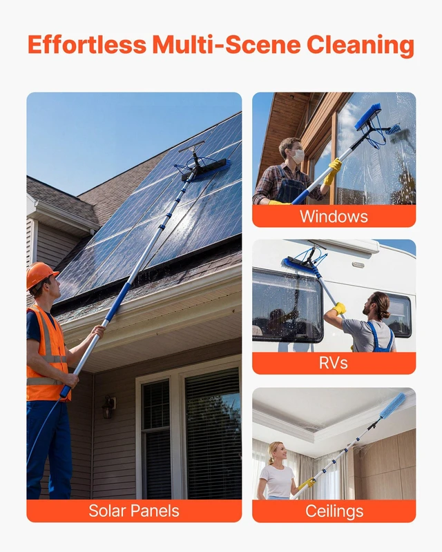 Alt view image 7 of 8 - VEVOR Solar Panel Cleaning Kit, 33 ft, Water Fed Pole Kit with Cleaning Brush, Squeegee, Soap Dispenser, Extendable Aluminum Telescopic Pole, 180° Rotatable Brush Head, for Roof Mounted Solar Panels