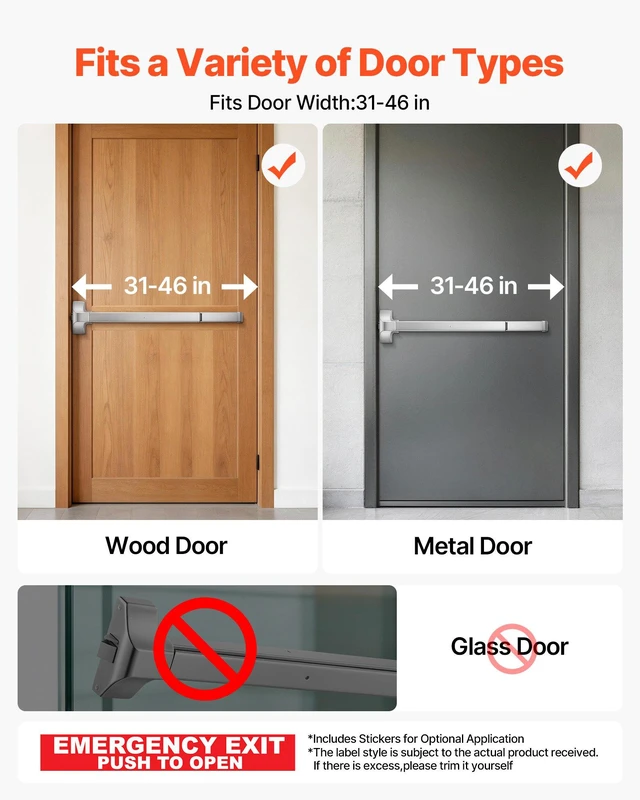 Alt view image 2 of 8 - VEVOR Push Bar Panic Exit Device, 31" Stainless Steel Commercial Panic Bar for Exit Doors, Emergency Exit Door Hardware with Dual Locking Bolt and Sticker, for 31"-46" Wood or Metal Door, Silver
