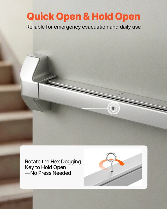 Alt view image 5 of 8 - VEVOR Push Bar Panic Exit Device, 31" Stainless Steel Commercial Panic Bar for Exit Doors, Emergency Exit Door Hardware with Dual Locking Bolt and Sticker, for 31"-46" Wood or Metal Door, Silver